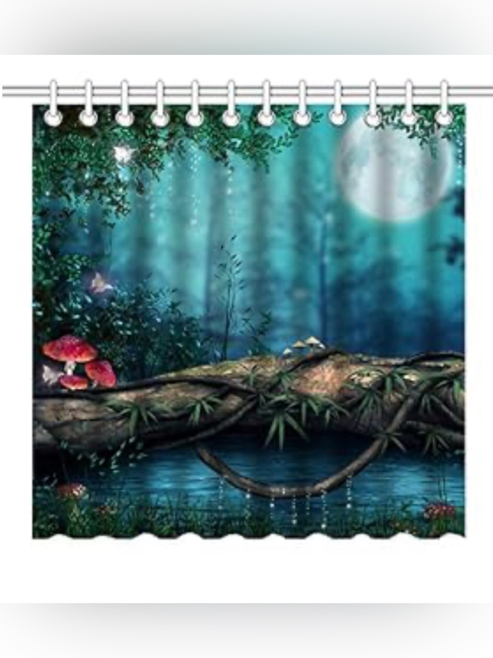Shower curtain Mystical Lake full moon mushrooms woods nature NEW NWT